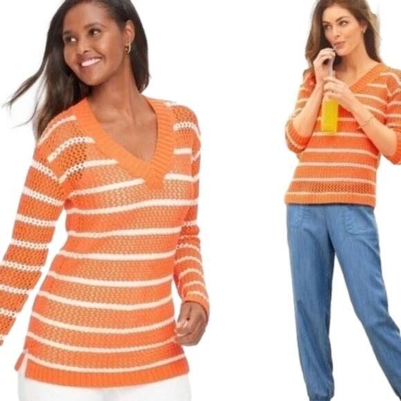 Talbot's Pull Over‎ Open Weave Striped Cotton Sweater Side slits Orange plus 2X - Picture 1 of 8
